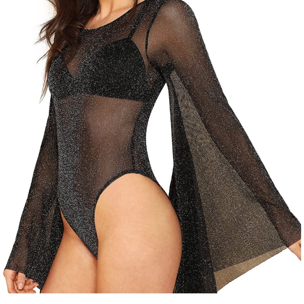 Bell Sleeve Mesh Glitter Bodysuit